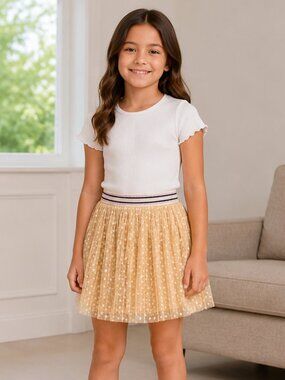 Kiabi Girls Golden Yellow PolkaDot Tulle Skirt Size 6 Rainbow Waistband Like New